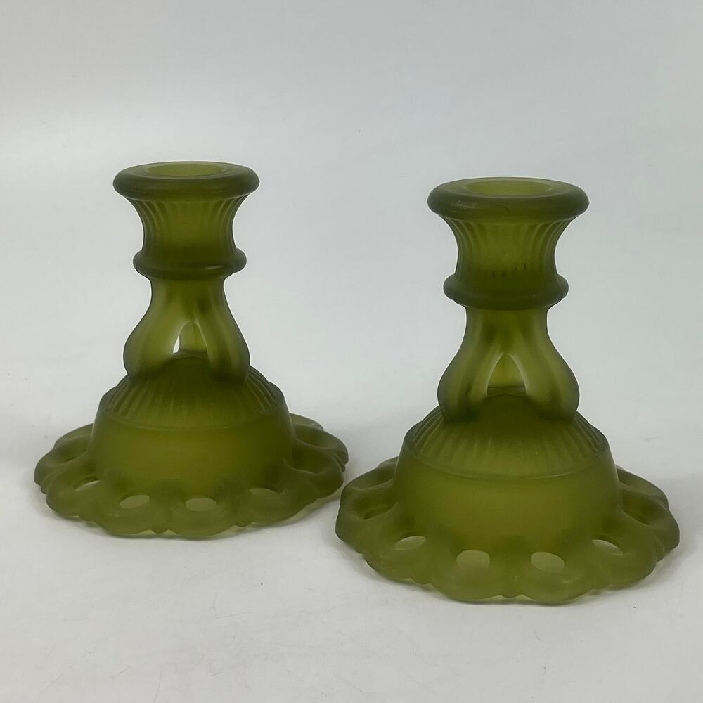 Vtg Westmoreland Doric Lace Olive Green Satin Glass Candlestick Holders Pair USA
